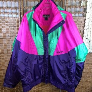 VTG 80's Nevica Survival Racing Ski Snow Jacket Coat Sz 44M Purple/Neon Zip